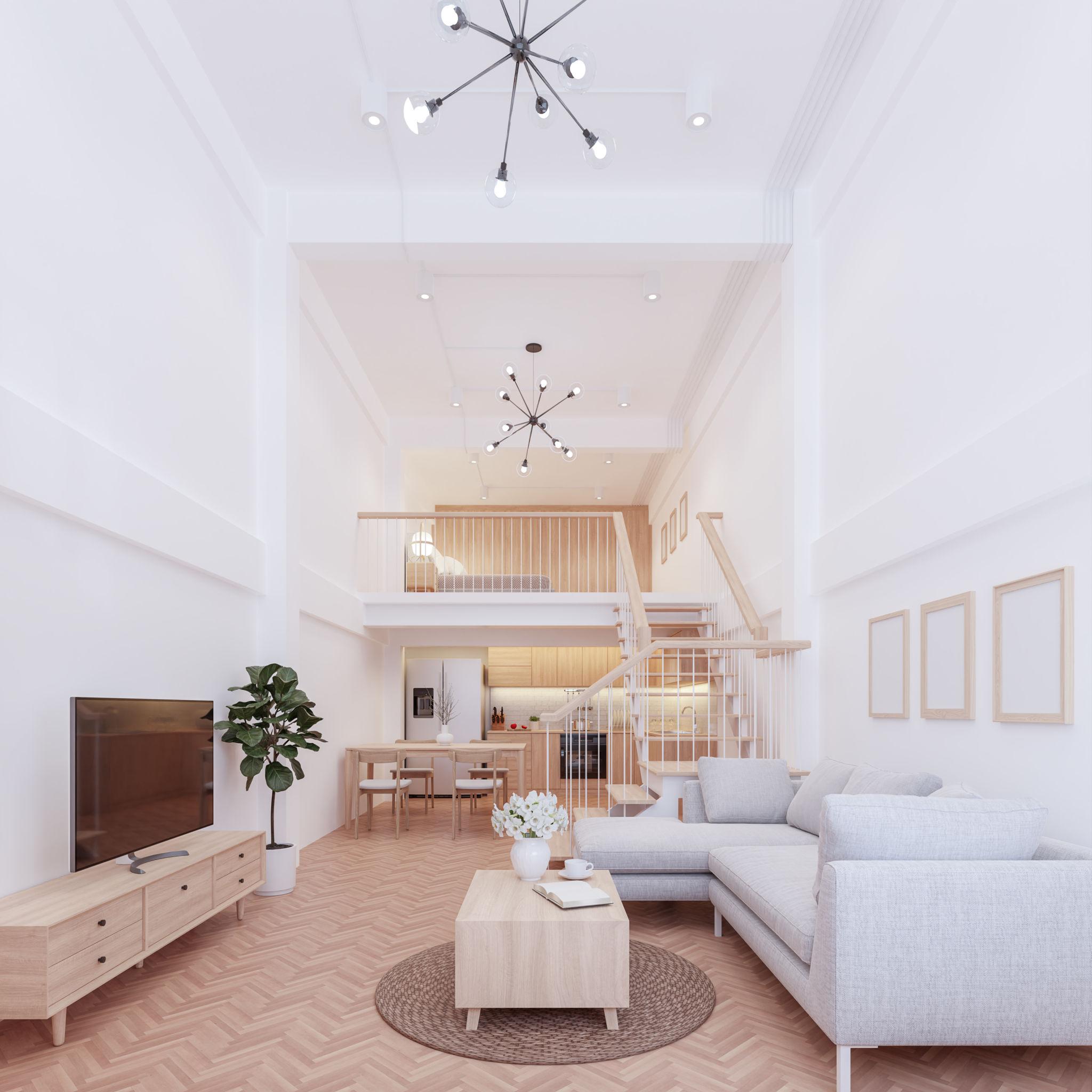 Rumah mezzanine modern dengan lantai tambahan untuk memaksimalkan ruang pada lahan terbatas.