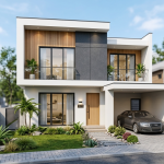 Rumah minimalis modern dua lantai dengan cat dinding putih abu-abu, jendela kaca besar, dan taman kecil di depan rumah.