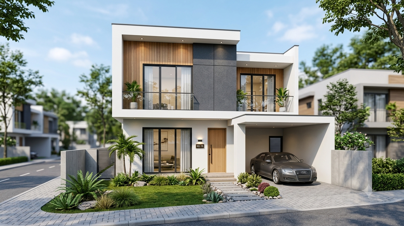 Rumah minimalis modern dua lantai dengan cat dinding putih abu-abu, jendela kaca besar, dan taman kecil di depan rumah.