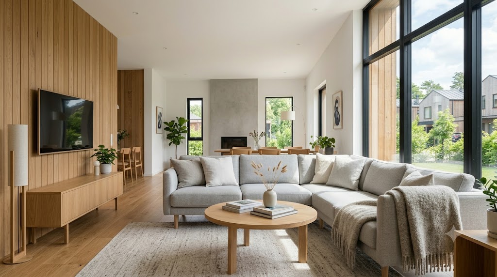 Interior ruang tamu bergaya Skandinavia yang modern, menampilkan sofa abu-abu, lantai kayu terang, jendela besar dengan cahaya alami, dan tanaman hias.